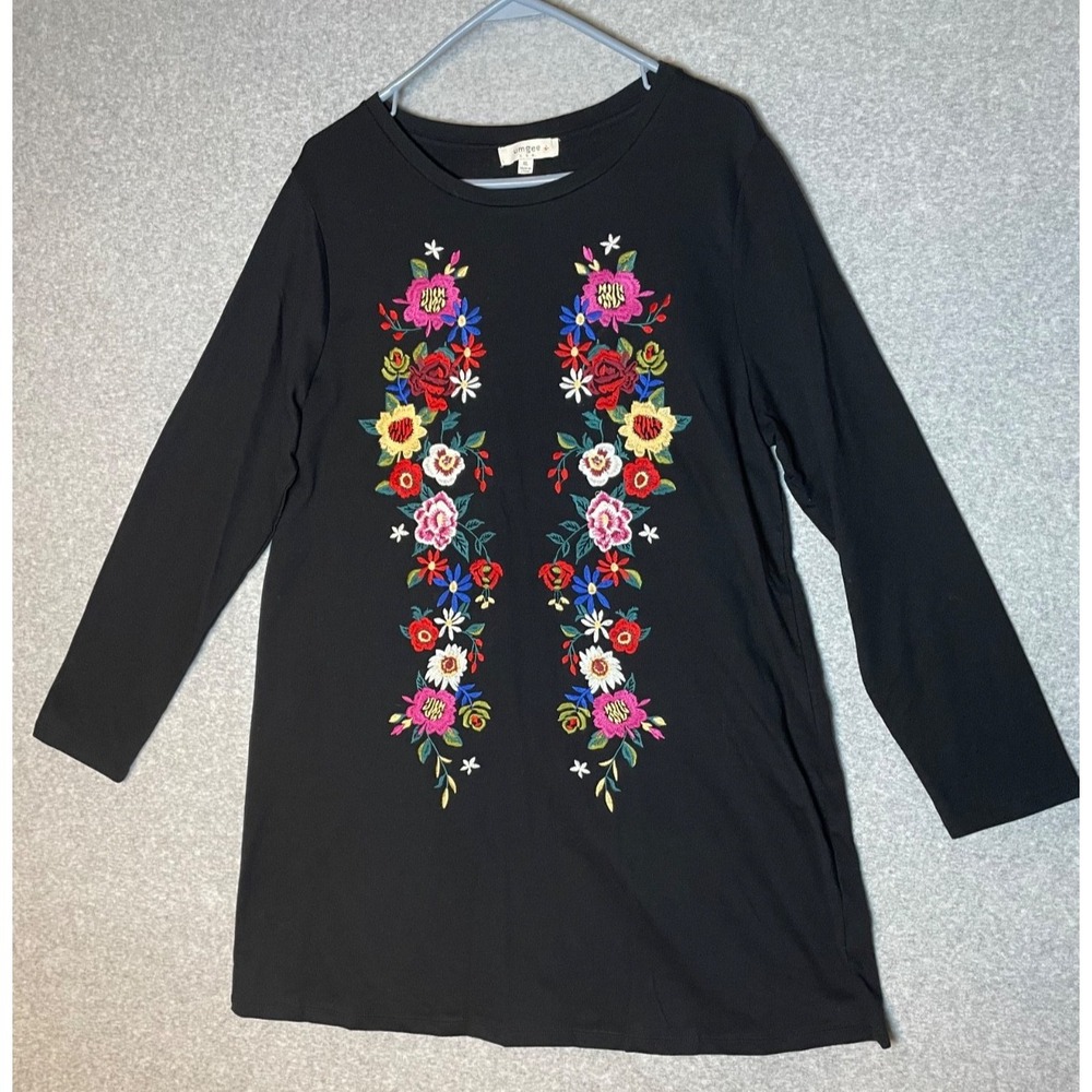 Umgee Tunic Dress Womens XL Floral Embroidered Soft Cozy A Line Black